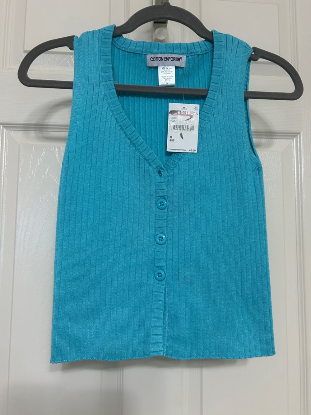 Cotton Emporium Aqua Ribbed Button Up Tank Cropped Fitted Layering Piece NWT M